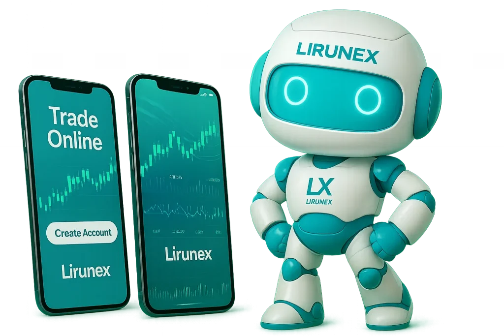 Lirunex robot standing beside two smartphones displaying online trading charts and a Create Account button